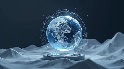 Wireframe Earth hologram rotating in low-poly digital landscape - Powered by Adobe