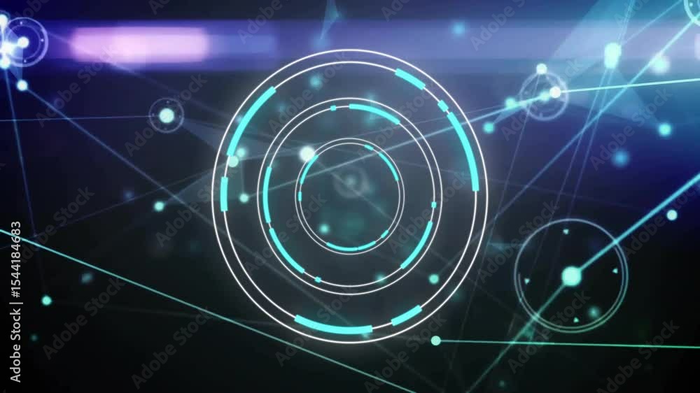 Poster scanning pulse activating concentric hud rings pulsing and rotating turquoise bars visualizing data