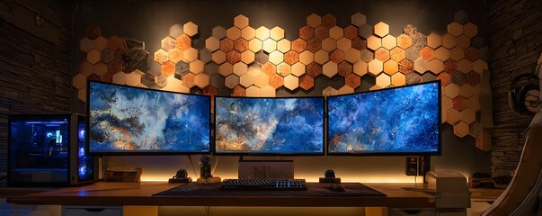 uxury Desk Space: Interior Background with RGB Gaming PC"

"Creative Zone: Interior Design Featuring Ultra-Slim Computer Setup"

"Digital Living: Cozy Interior with Stylish Workstation Design"