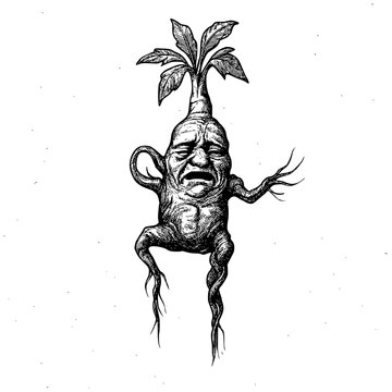 Crying Mandrake Root Creature Black Ink Illustration on Textured Background
