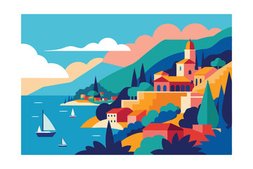 Fototapeta premium Vibrant Coastal Town Landscape A Mediterranean Seascape Illustration