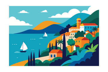 Fototapeta premium Coastal Town Vista A Vibrant Mediterranean Illustration