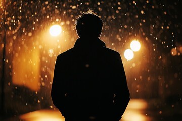 Silhouette of a man standing in the rain under warm streetlights at night