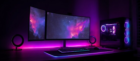 uxury Desk Space: Interior Background with RGB Gaming PC"

"Creative Zone: Interior Design Featuring Ultra-Slim Computer Setup"

"Digital Living: Cozy Interior with Stylish Workstation Design"