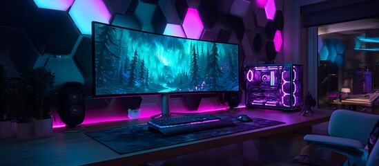 uxury Desk Space: Interior Background with RGB Gaming PC"

"Creative Zone: Interior Design Featuring Ultra-Slim Computer Setup"

"Digital Living: Cozy Interior with Stylish Workstation Design"