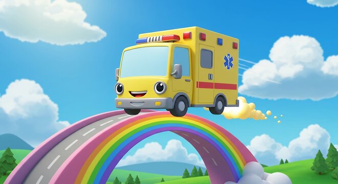 Cartoon ambulance crossing rainbow