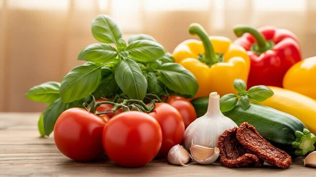 Fresh vegetables and herbs arrangement: tomatoes, peppers, basil, garlic, zucchini, and sun-dried tomatoes on a wooden surface