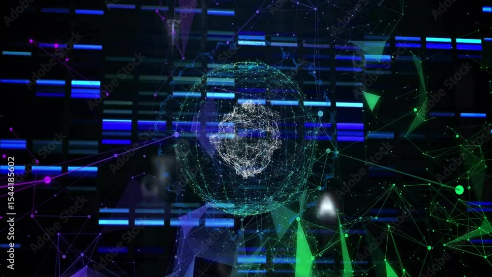 Poster on static neon-blue bars loading, digital sphere network rotating, linking panels, visualizing data