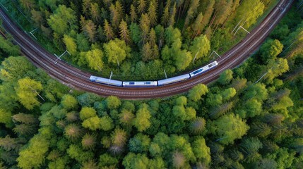 Aerial Drone View of Long Modern Passenger Train Traveling Through Curved Railway Track in Dense Green Forest, Vibrant Summer Landscape