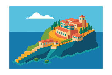 Fototapeta premium Coastal Village Isometric Illustration Charming Seaside Town on a Cliff