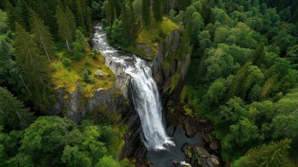 Aerial View of Powerful Waterfall Cascading over Rocky Cliff Surrounded by Lush Green Summer Forest, Vibrant Eco-Tourism Destination