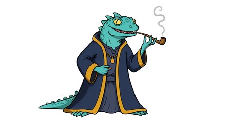 Cartoon lizard wizard smoking pipe