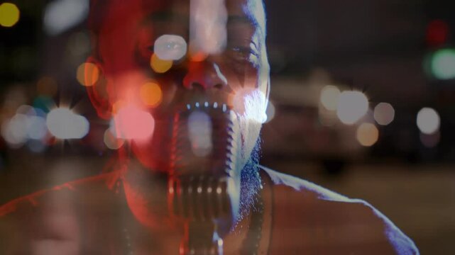 Singer leaning into retro mic in music as camera shifting and light overlays revealing singing face