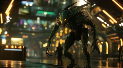 Menacing Alien Creature Stalking in a Futuristic Urban Setting