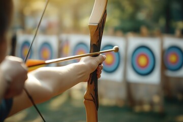 Close-Up of Archer’s Hand Pulling Traditional Wooden Bow with Arrow, Multiple Archery Targets in Soft Blur Background