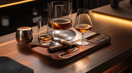 Refined indulgence still life whiskey glasses and cigars for connoisseurs