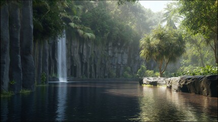 Peaceful Waterfall Beside Vertical Basalt Cliff with Reflective Foreground and Tropical Trees in Soft Sunlight