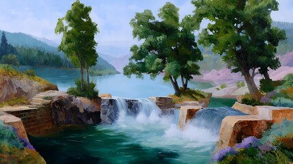 Serene Landscape with Waterfall and Lush Green Trees by the Lake