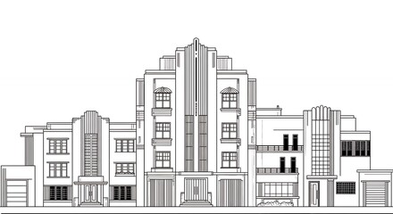 Fototapeta premium Row of art deco buildings black and white architectural drawing