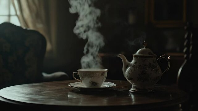 Steaming teacup and teapot on antique table