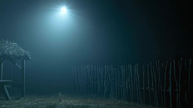 Night scene of a wooden shelter with a thatched roof under a bright light
