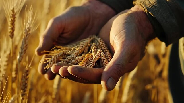 Hands holding ripe wheat grains in a golden field. The scene captures the essence of agriculture and harvest time. Generative 4k video.