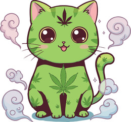 Cute chibi cat infused with weed logo and smoke.Cannabis Cat A Cute Stoner Feline