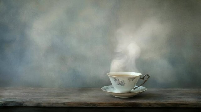 Steaming teacup on rustic wood, soft-focus background