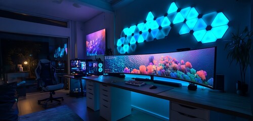 uxury Desk Space: Interior Background with RGB Gaming PC"

"Creative Zone: Interior Design Featuring Ultra-Slim Computer Setup"

"Digital Living: Cozy Interior with Stylish Workstation Design"
