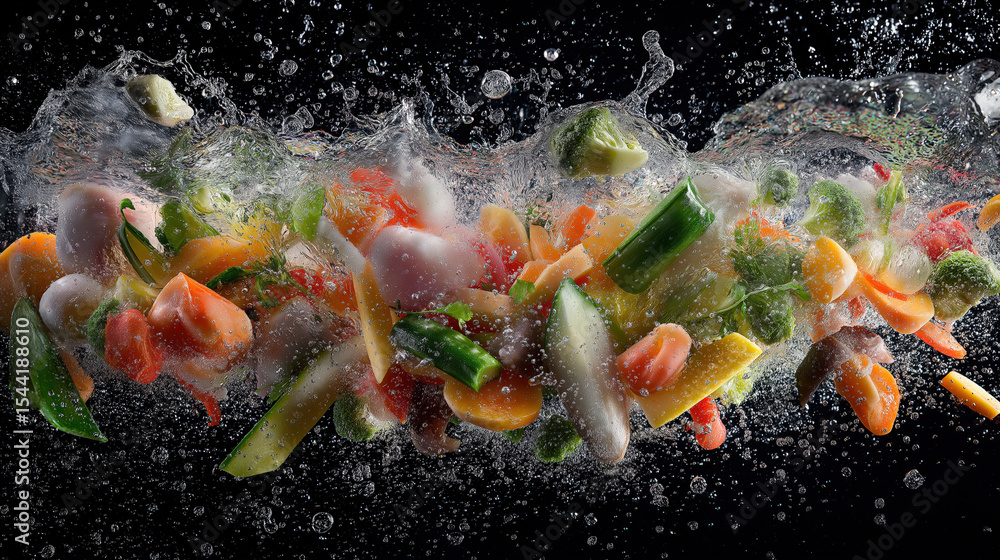 Poster vibrant assortment of frozen food ingredients including colorful vegetables splashing in water, crea