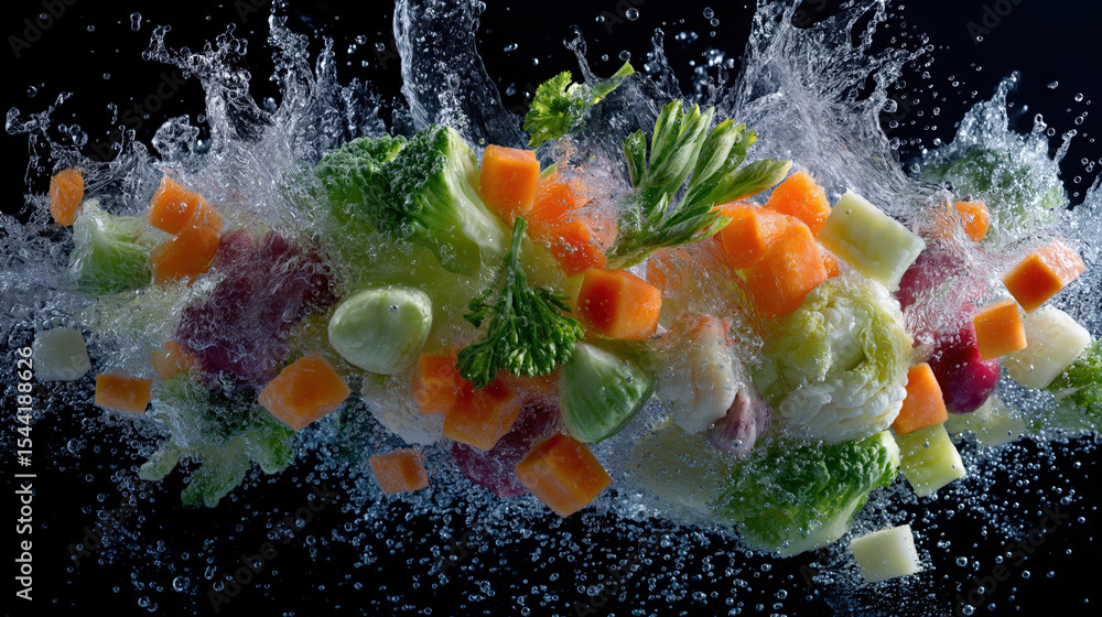 Poster vibrant assortment of fresh vegetables including broccoli, carrots, and lettuce splashing in water, 