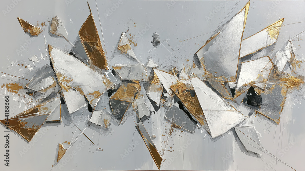 Leinwandbilder Abstract artwork featuring shattered metallic fragments in gold, silver, and white tones, creating dynamic and energetic composition. sharp edges and reflective surfaces add depth and movement