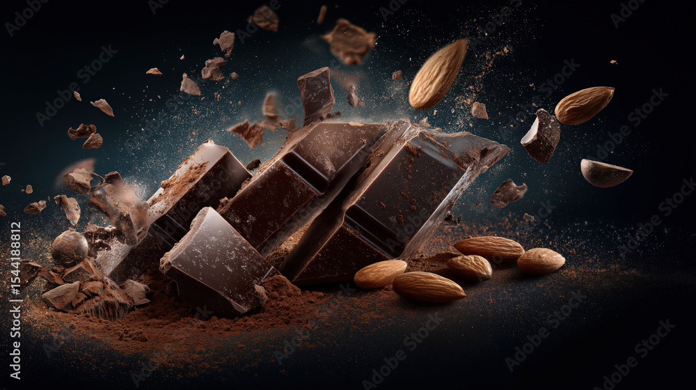 Poster Rich dark chocolate bar is broken into pieces, surrounded by cocoa powder and whole almonds, creating dynamic and indulgent scene