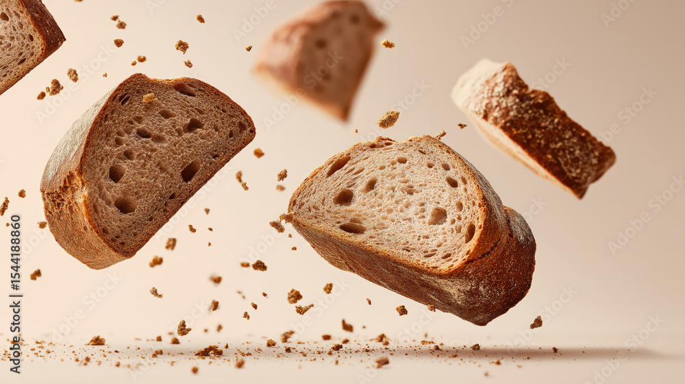 Poster Slices of rustic brown bread appear to float in mid air, surrounded by crumbs, against neutral background. bread texture and crust are highlighted, creating dynamic and appetizing scene
