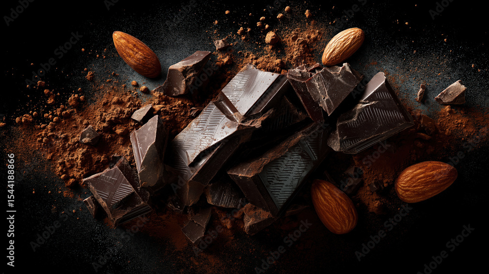 Poster rich dark chocolate bar is broken into pieces, surrounded by cocoa powder and whole almonds, creatin