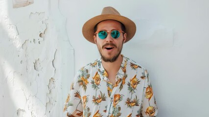 Smiling man with hat and sunglasses in front of a textured white wall - Powered by Adobe