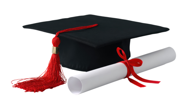 Black Graduation Cap with Red Tassel on Transparent Background