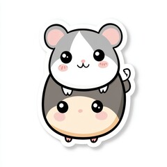 Naklejka premium Two cute, chubby cartoon hamsters are stacked on top of each other. The top one has gray and white fur, the bottom one has gray and beige fur. Both have big eyes, pink cheeks, and small smiles