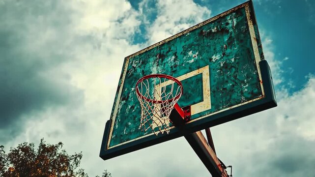 A worn basketball hoop stands against a cloudy sky. The backboard is weathered and peeling, showcasing signs of age and use. Generative 4k video.