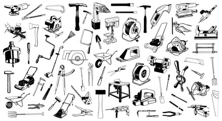 Tools Line Art Collection Pack: Hand drawn line art illustration of various tool scattered for creative graphic project.