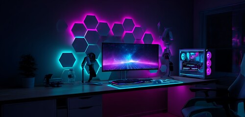 uxury Desk Space: Interior Background with RGB Gaming PC"

"Creative Zone: Interior Design Featuring Ultra-Slim Computer Setup"

"Digital Living: Cozy Interior with Stylish Workstation Design"