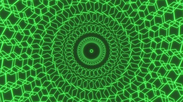 The image features a mesmerizing spiraling green line pattern forming a circular shape with a circle at its center