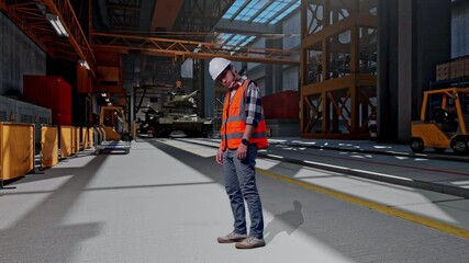 Full Body Side View Of Asian Male Engineer With Safety Helmet Having A Headache While Working, Military Tank Under Construction in Industrial Facility