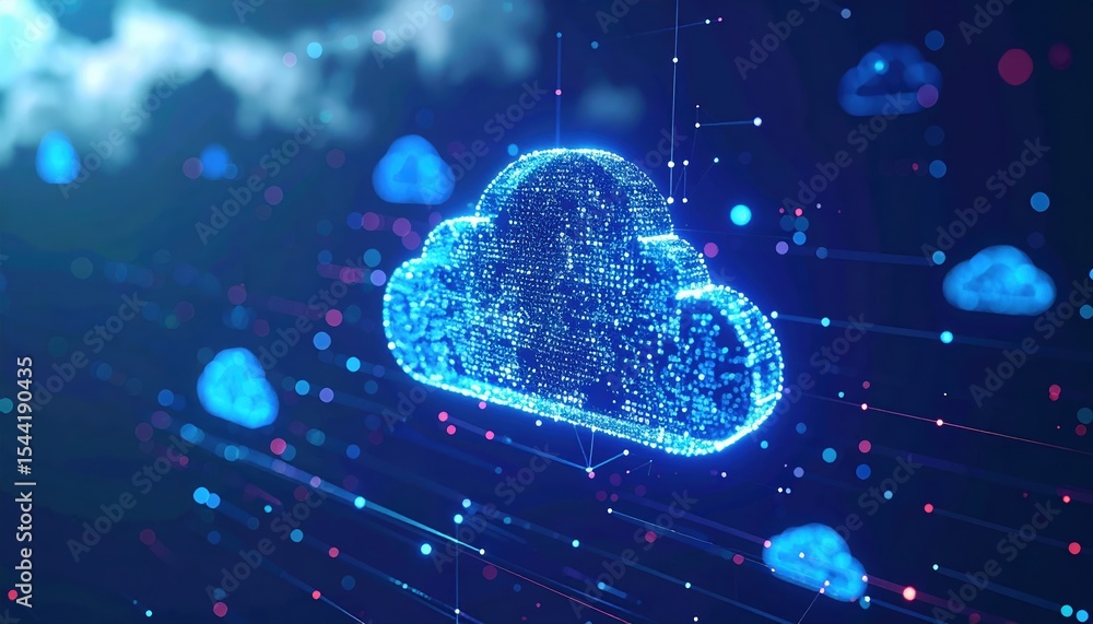 Poster futuristic digital cloud icon with data points and connections representing cloud computing, technol