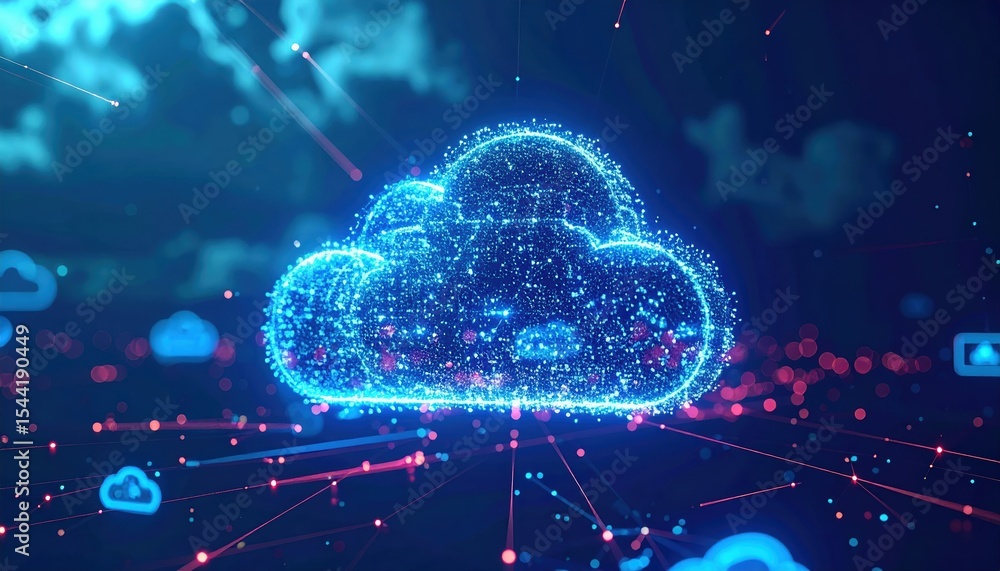 Poster digital cloud computing icon representing data storage and internet connectivity with glowing networ