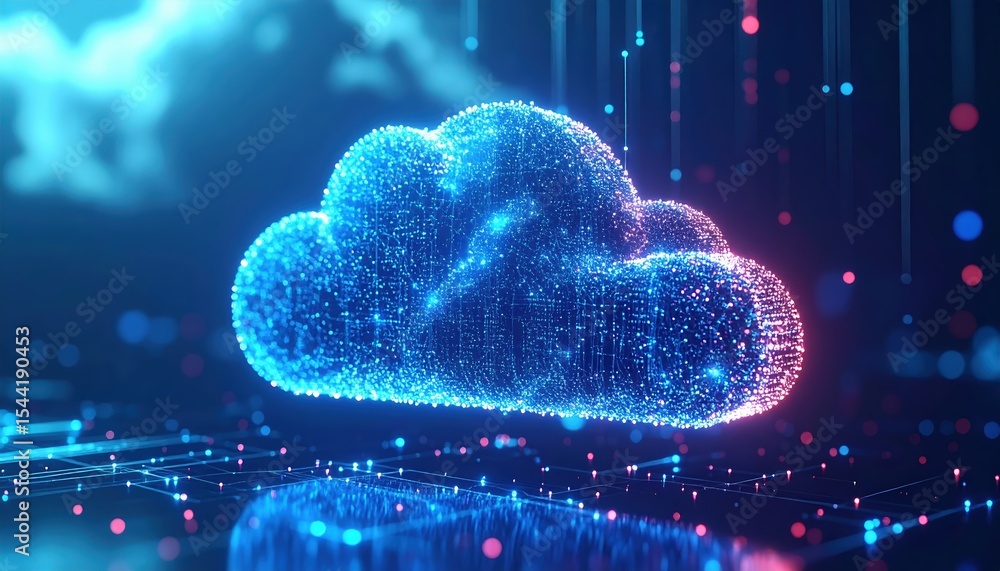 Aufkleber highly detailed digital illustration of a glowing blue cloud icon representing cloud computing techn