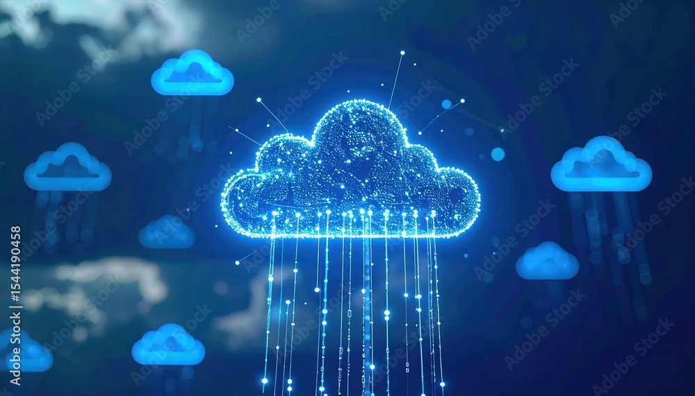 Poster digital cloud storage concept with data streaming abstract illustration of cloud computing technolog