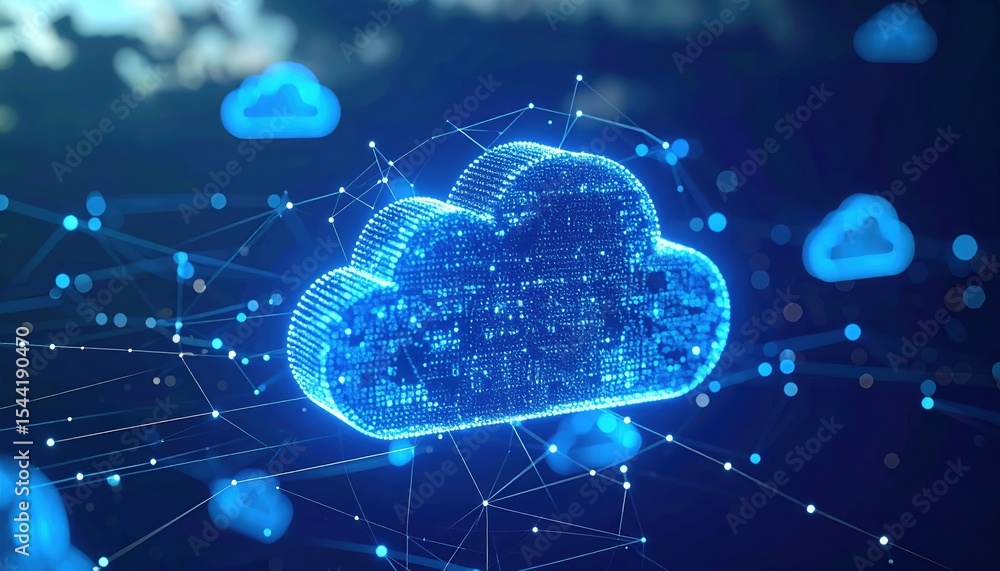 Poster Digital Cloud Technology Concept Illustration with Network Connections and Data Points for Cloud Computing and Data Storage Solutions