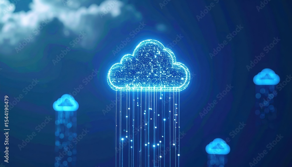 Poster high tech cloud computing illustration with digital rain and data streaming representing cloud stora
