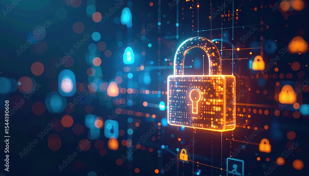Poster digital security lock concept with glowing padlock and data network visualization in a high-tech fut